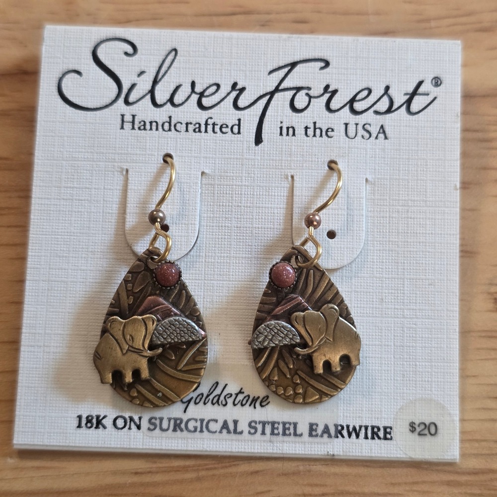 Silver Forest Elephant Earrings Women Goldstone 18K Gold Over Steel NWT Boho
